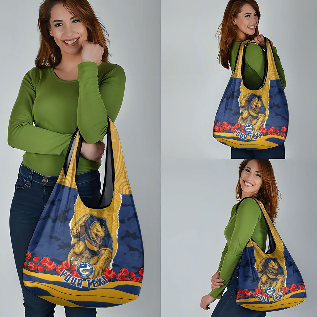 Personalized Parramatta Eels ANZAC Tribute Grocery Bag Poppy Field Soldier Silhouette Aboriginal Rugby Mascot