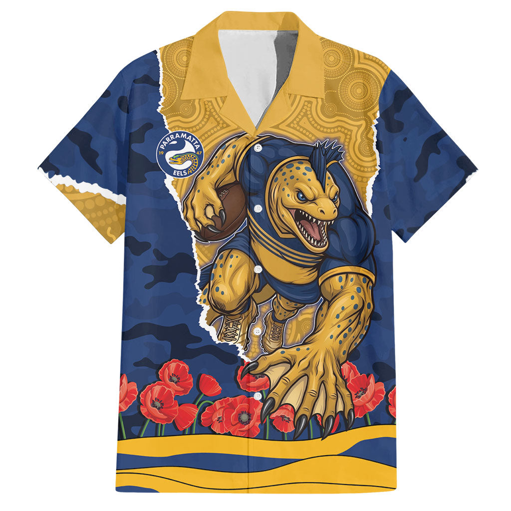 Personalized Parramatta Eels ANZAC Tribute Hawaiian Shirt Poppy Field Soldier Silhouette Aboriginal Rugby Mascot