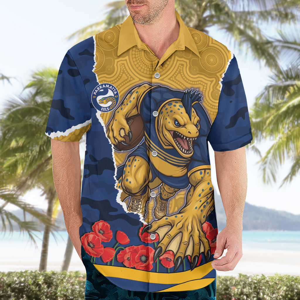 Personalized Parramatta Eels ANZAC Tribute Hawaiian Shirt Poppy Field Soldier Silhouette Aboriginal Rugby Mascot