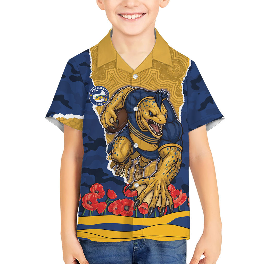 Personalized Parramatta Eels ANZAC Tribute Hawaiian Shirt Poppy Field Soldier Silhouette Aboriginal Rugby Mascot