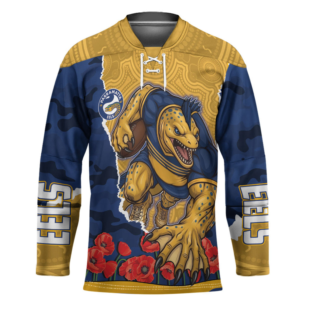 Personalized Parramatta Eels ANZAC Tribute Hockey Jersey Poppy Field Soldier Silhouette Aboriginal Rugby Mascot