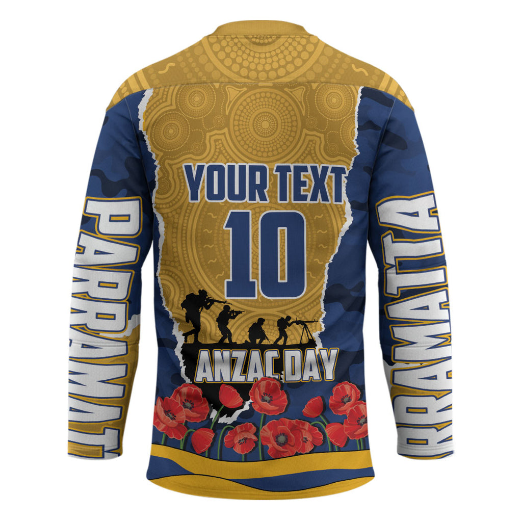 Personalized Parramatta Eels ANZAC Tribute Hockey Jersey Poppy Field Soldier Silhouette Aboriginal Rugby Mascot