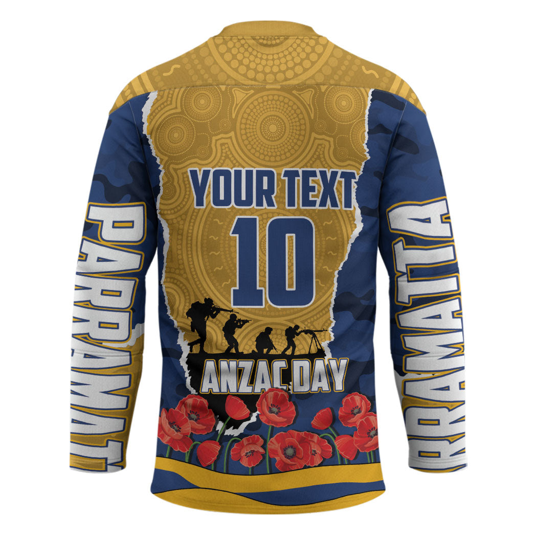 Personalized Parramatta Eels ANZAC Tribute Hockey Jersey Poppy Field Soldier Silhouette Aboriginal Rugby Mascot