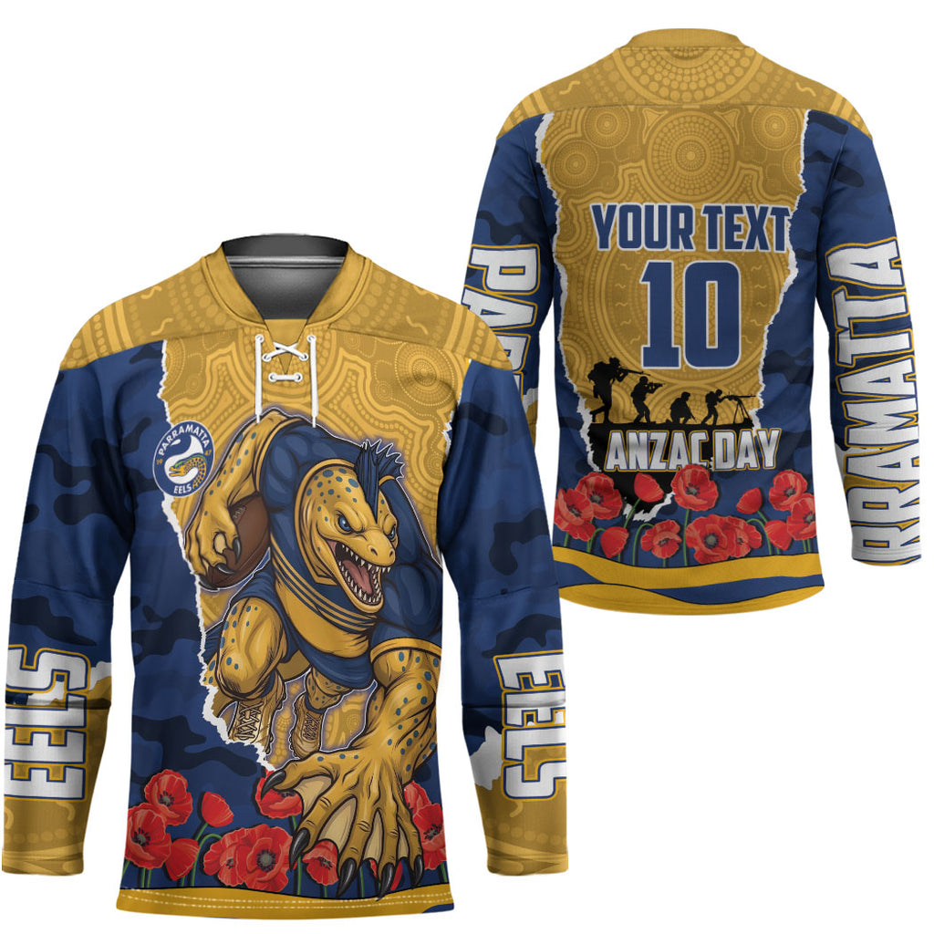 Personalized Parramatta Eels ANZAC Tribute Hockey Jersey Poppy Field Soldier Silhouette Aboriginal Rugby Mascot