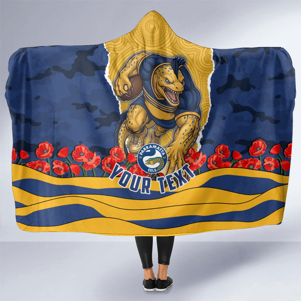 Personalized Parramatta Eels ANZAC Tribute Hooded Blanket Poppy Field Soldier Silhouette Aboriginal Rugby Mascot