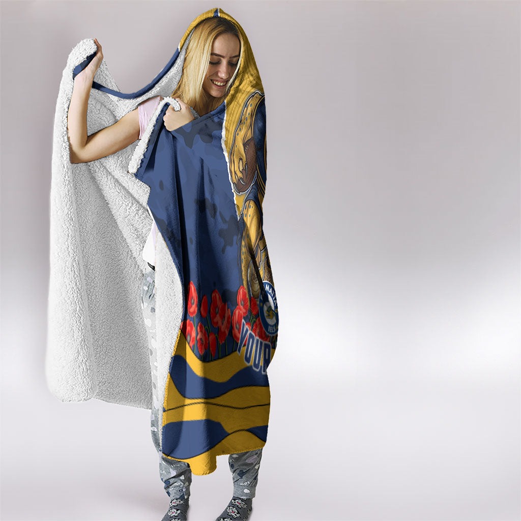 Personalized Parramatta Eels ANZAC Tribute Hooded Blanket Poppy Field Soldier Silhouette Aboriginal Rugby Mascot