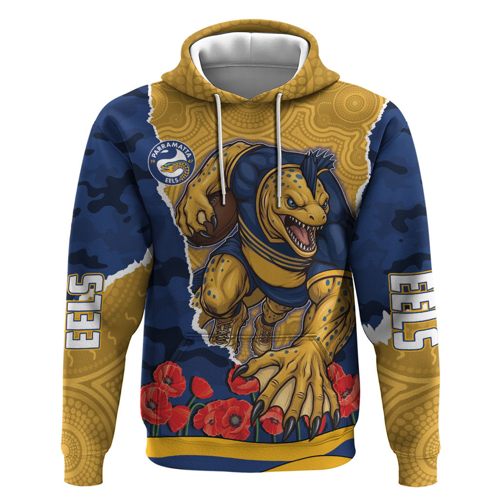 Personalized Parramatta Eels ANZAC Tribute Hoodie Poppy Field Soldier Silhouette Aboriginal Rugby Mascot