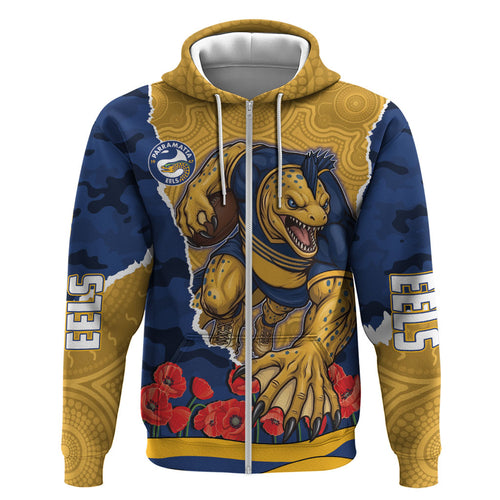 Personalized Parramatta Eels ANZAC Tribute Hoodie Poppy Field Soldier Silhouette Aboriginal Rugby Mascot
