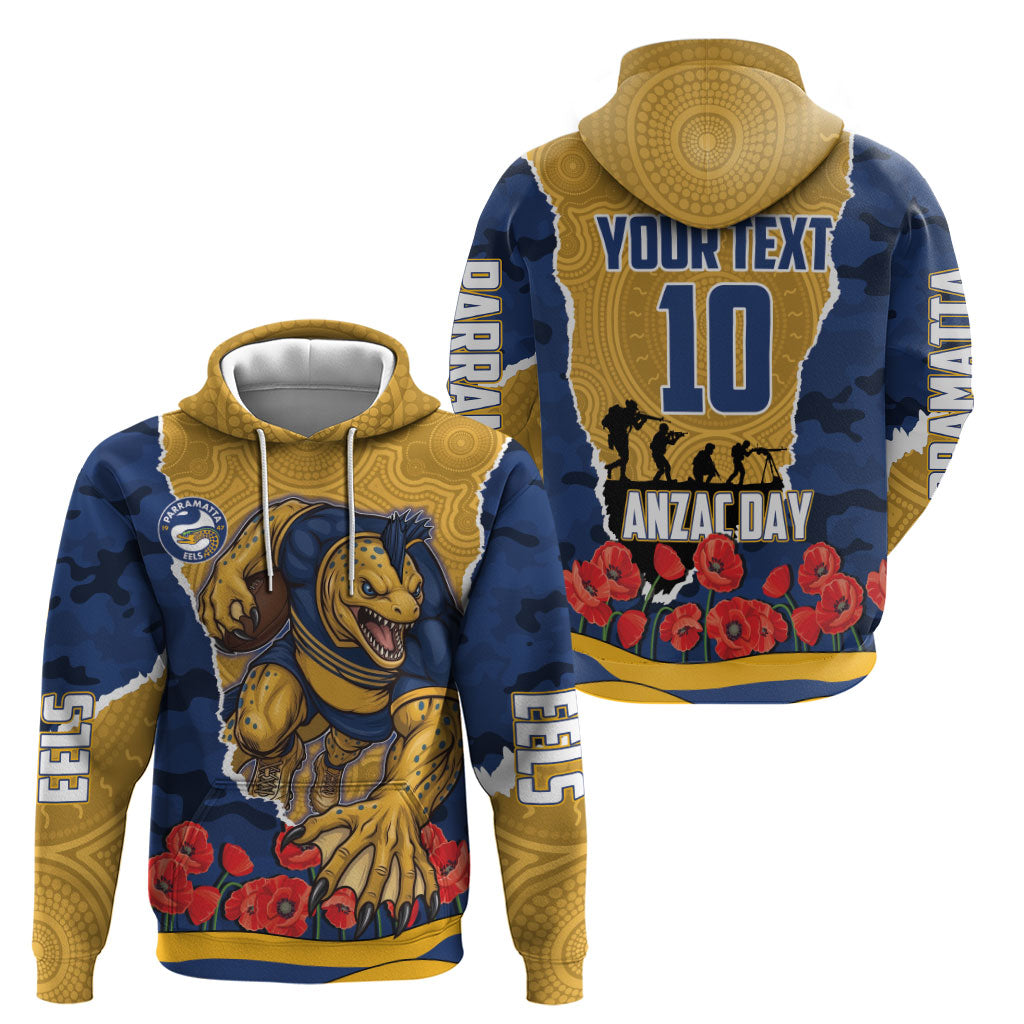 Personalized Parramatta Eels ANZAC Tribute Hoodie Poppy Field Soldier Silhouette Aboriginal Rugby Mascot