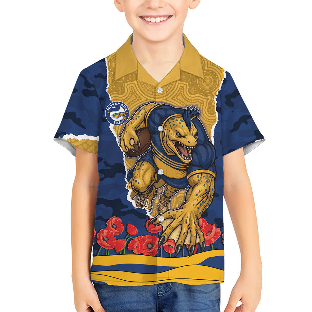 Personalized Parramatta Eels ANZAC Tribute Kid Hawaiian Shirt Poppy Field Soldier Silhouette Aboriginal Rugby Mascot