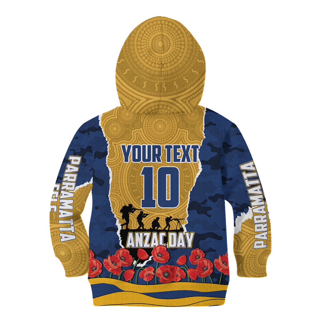 Personalized Parramatta Eels ANZAC Tribute Kid Hoodie Poppy Field Soldier Silhouette Aboriginal Rugby Mascot