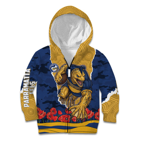 Personalized Parramatta Eels ANZAC Tribute Kid Hoodie Poppy Field Soldier Silhouette Aboriginal Rugby Mascot