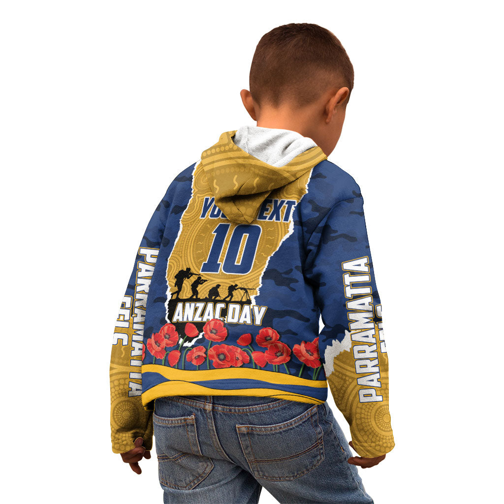 Personalized Parramatta Eels ANZAC Tribute Kid Hoodie Poppy Field Soldier Silhouette Aboriginal Rugby Mascot