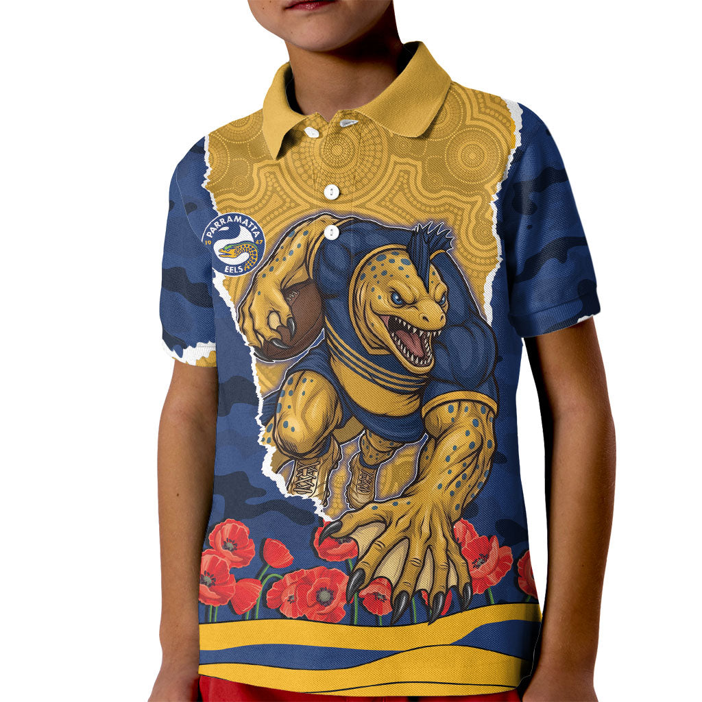 Personalized Parramatta Eels ANZAC Tribute Kid Polo Shirt Poppy Field Soldier Silhouette Aboriginal Rugby Mascot