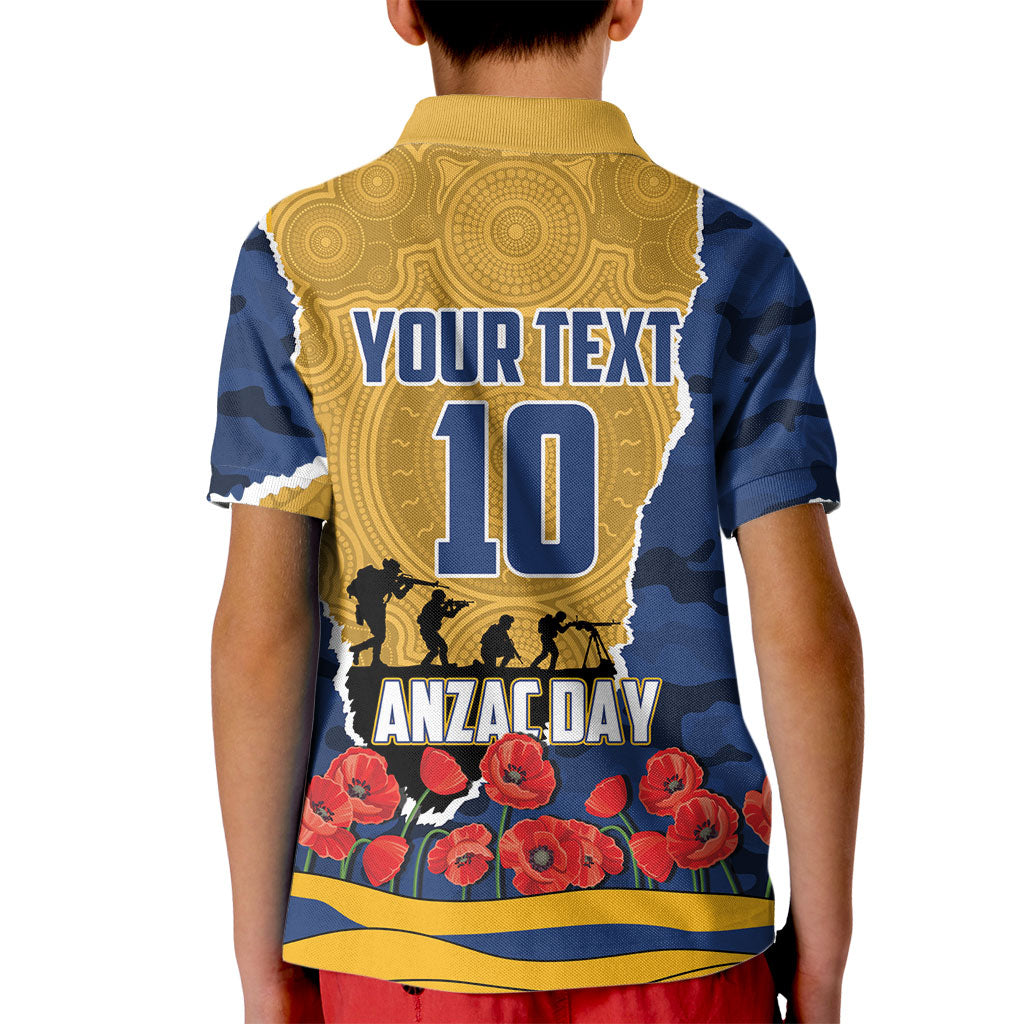 Personalized Parramatta Eels ANZAC Tribute Kid Polo Shirt Poppy Field Soldier Silhouette Aboriginal Rugby Mascot