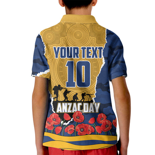 Personalized Parramatta Eels ANZAC Tribute Kid Polo Shirt Poppy Field Soldier Silhouette Aboriginal Rugby Mascot