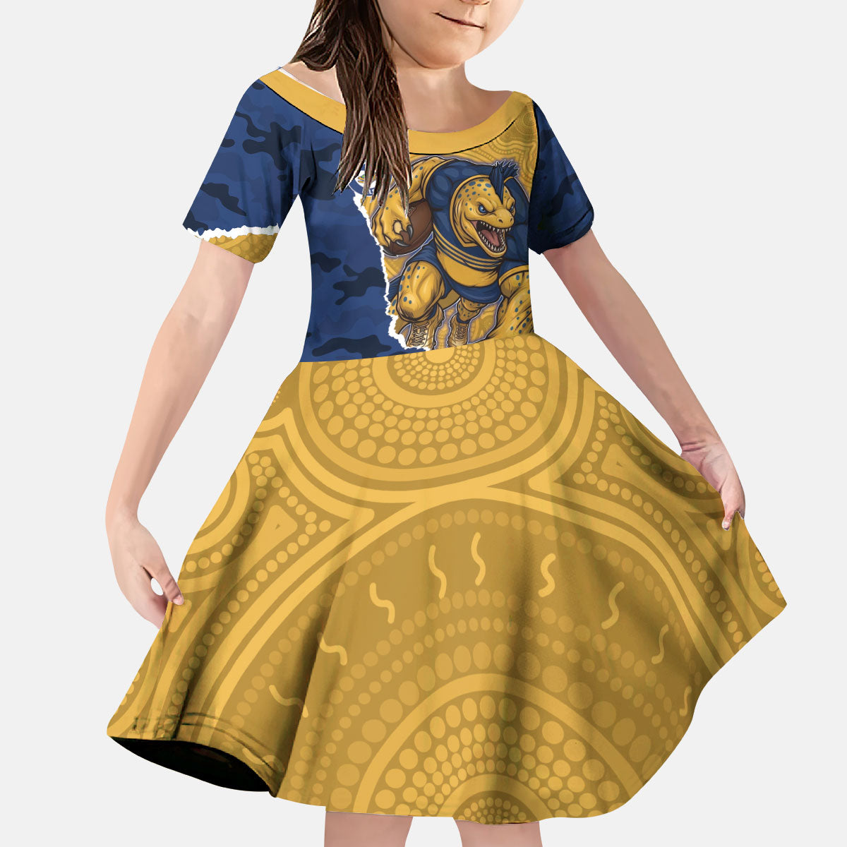 Personalized Parramatta Eels ANZAC Tribute Kid Short Sleeve Dress Poppy Field Soldier Silhouette Aboriginal Rugby Mascot