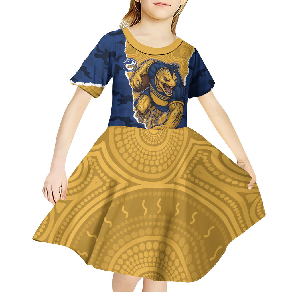 Personalized Parramatta Eels ANZAC Tribute Kid Short Sleeve Dress Poppy Field Soldier Silhouette Aboriginal Rugby Mascot