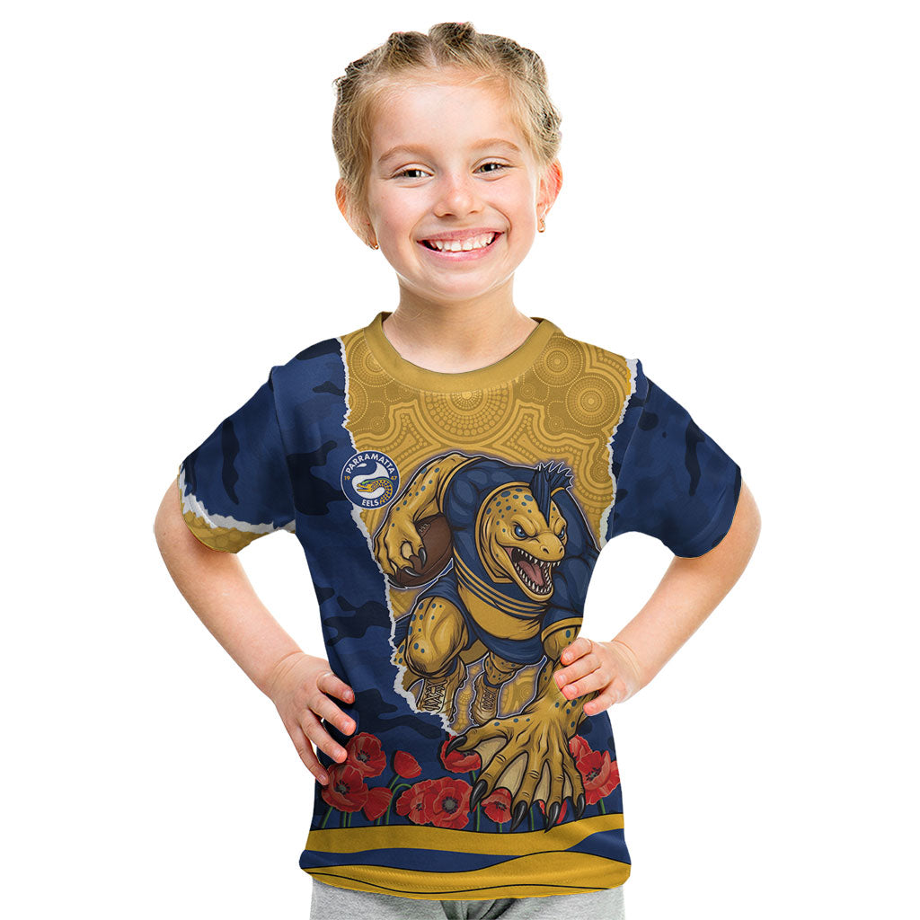 Personalized Parramatta Eels ANZAC Tribute Kid T Shirt Poppy Field Soldier Silhouette Aboriginal Rugby Mascot