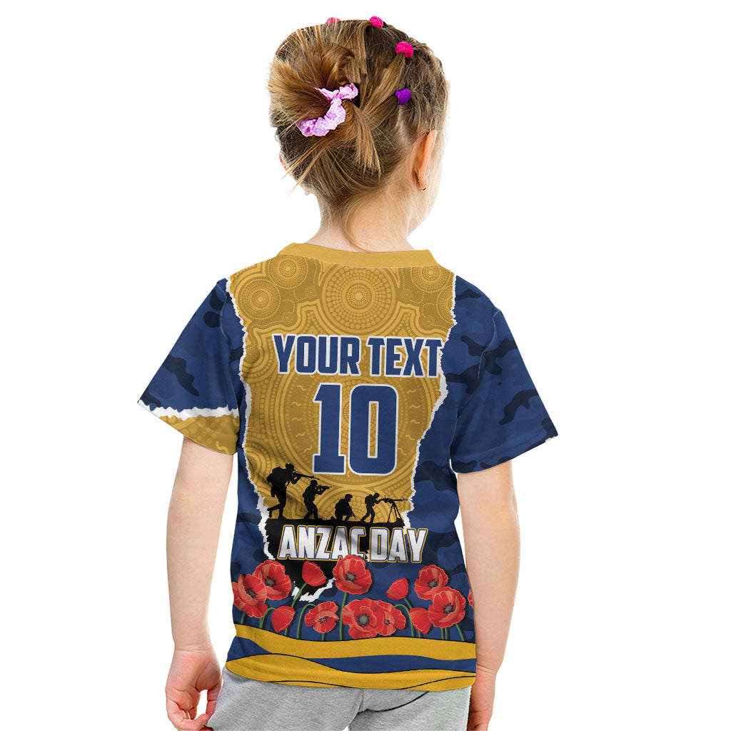 Personalized Parramatta Eels ANZAC Tribute Kid T Shirt Poppy Field Soldier Silhouette Aboriginal Rugby Mascot