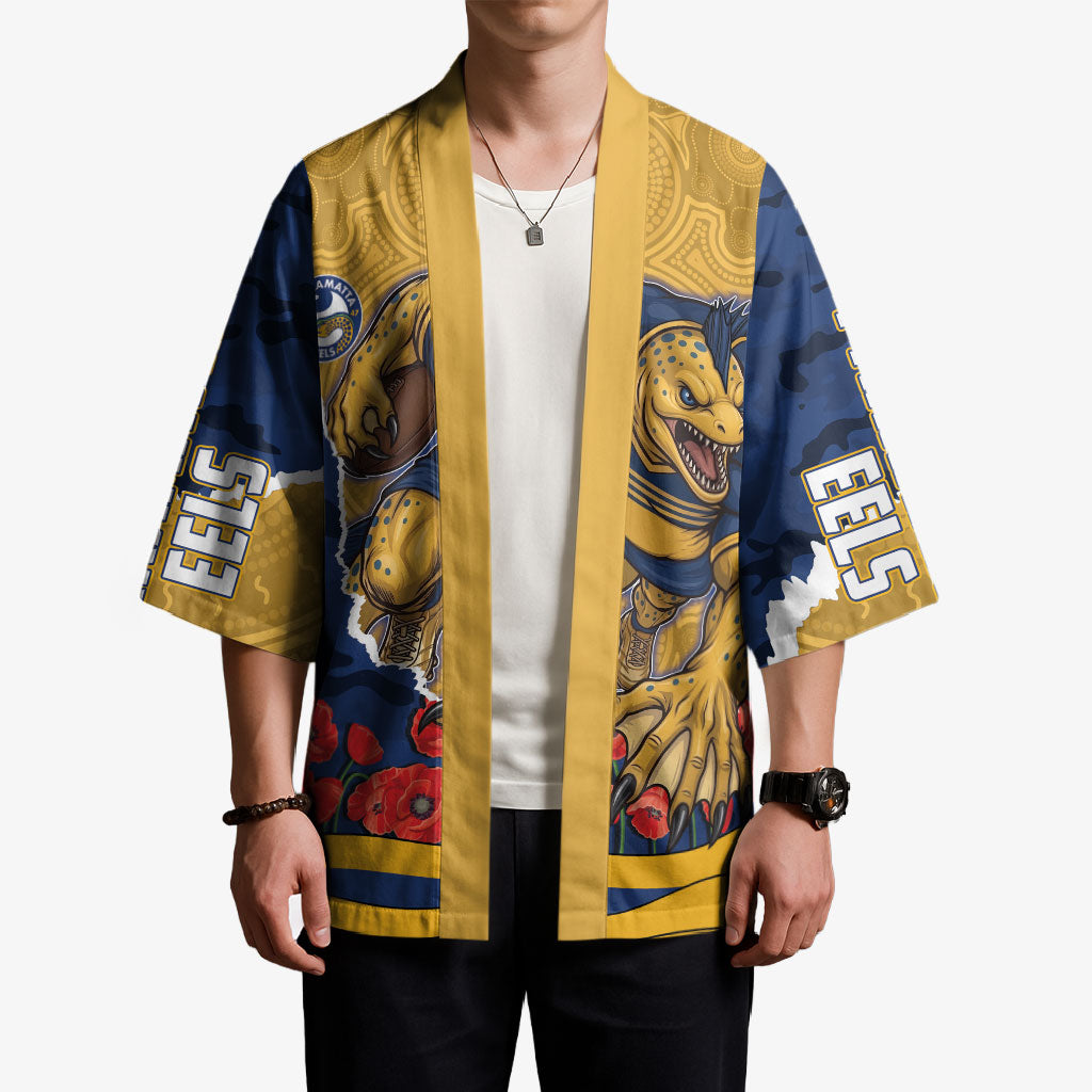 Personalized Parramatta Eels ANZAC Tribute Kimono Poppy Field Soldier Silhouette Aboriginal Rugby Mascot