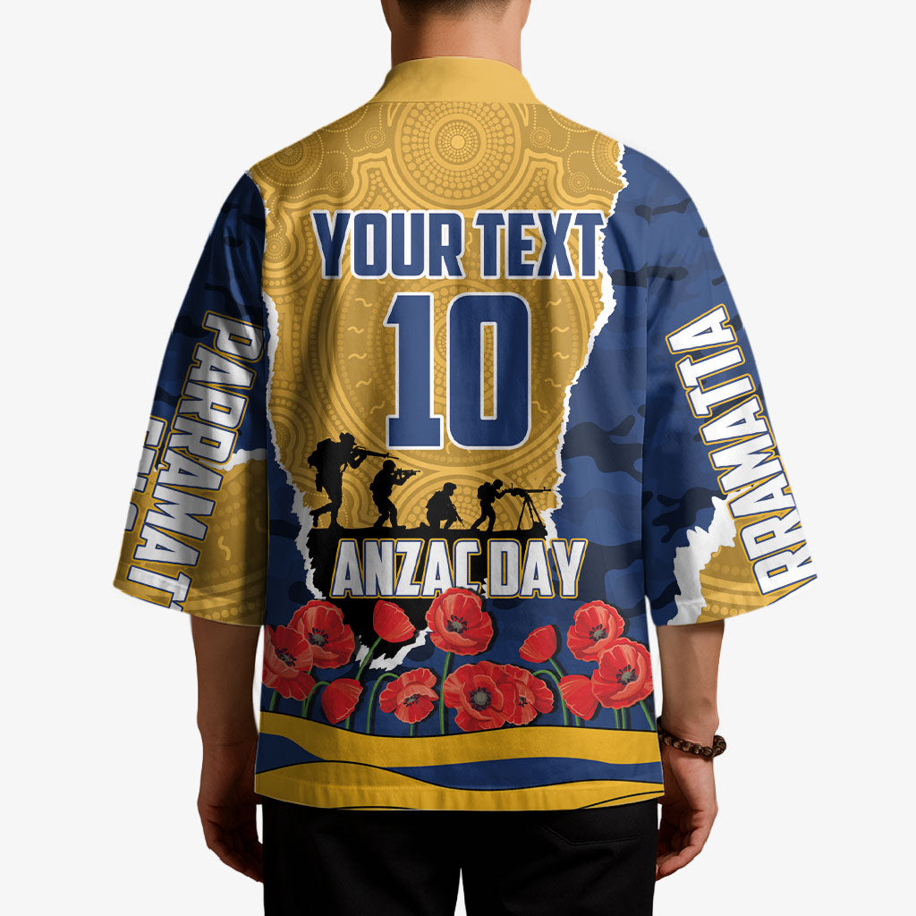 Personalized Parramatta Eels ANZAC Tribute Kimono Poppy Field Soldier Silhouette Aboriginal Rugby Mascot