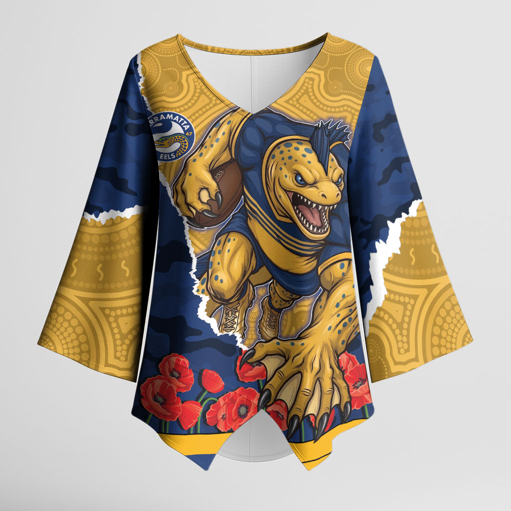 Personalized Parramatta Eels ANZAC Tribute Kimono Sleeve Blouse Poppy Field Soldier Silhouette Aboriginal Rugby Mascot