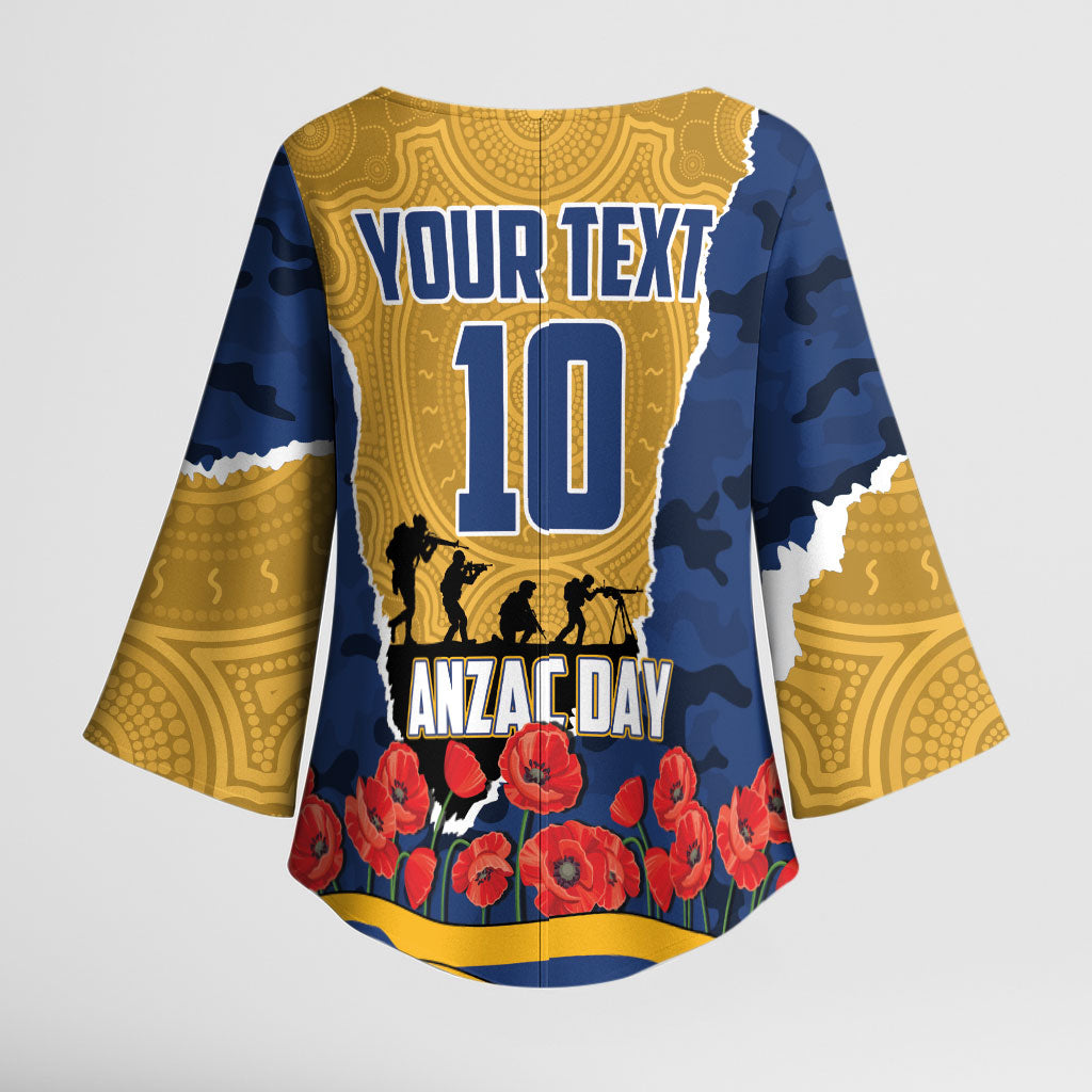 Personalized Parramatta Eels ANZAC Tribute Kimono Sleeve Blouse Poppy Field Soldier Silhouette Aboriginal Rugby Mascot