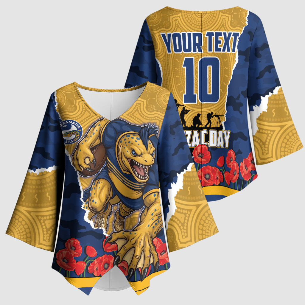 Personalized Parramatta Eels ANZAC Tribute Kimono Sleeve Blouse Poppy Field Soldier Silhouette Aboriginal Rugby Mascot