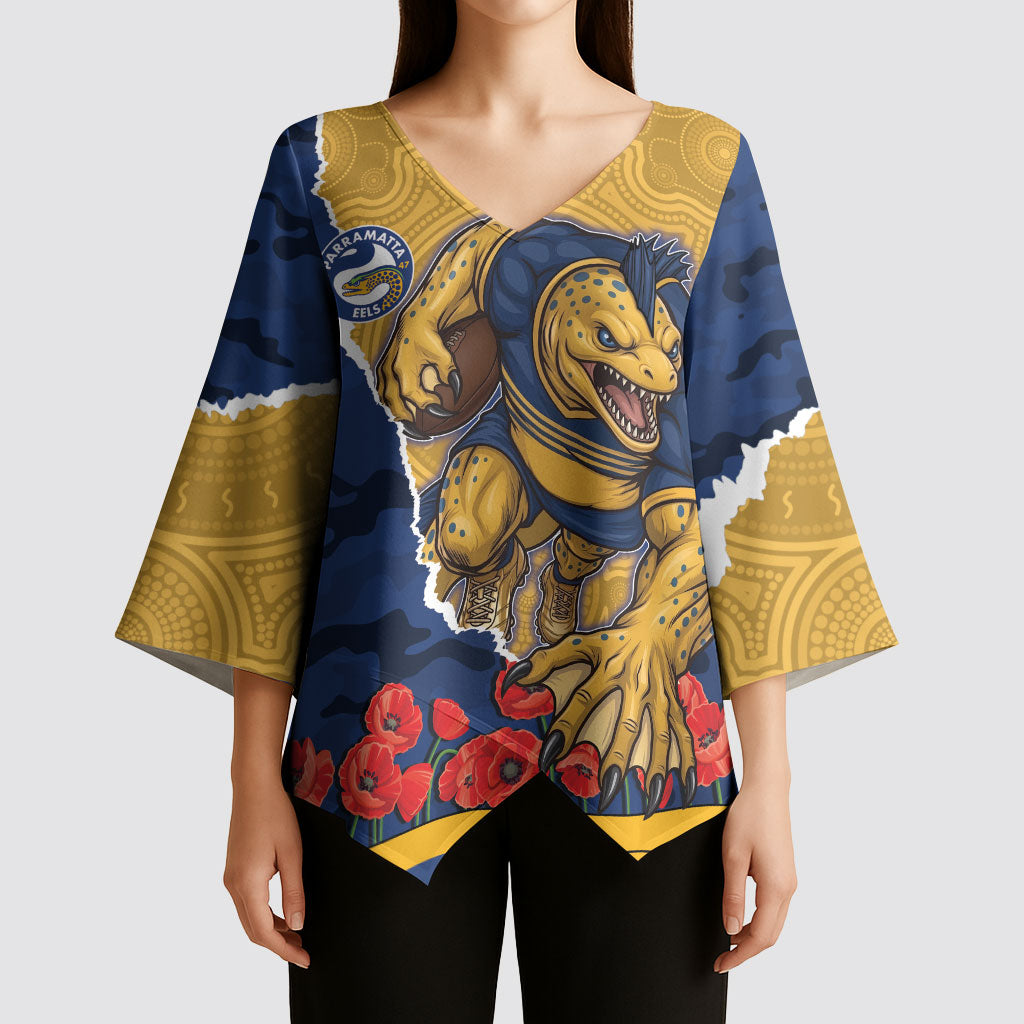 Personalized Parramatta Eels ANZAC Tribute Kimono Sleeve Blouse Poppy Field Soldier Silhouette Aboriginal Rugby Mascot