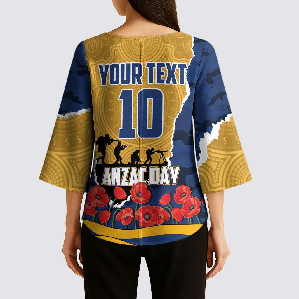 Personalized Parramatta Eels ANZAC Tribute Kimono Sleeve Blouse Poppy Field Soldier Silhouette Aboriginal Rugby Mascot