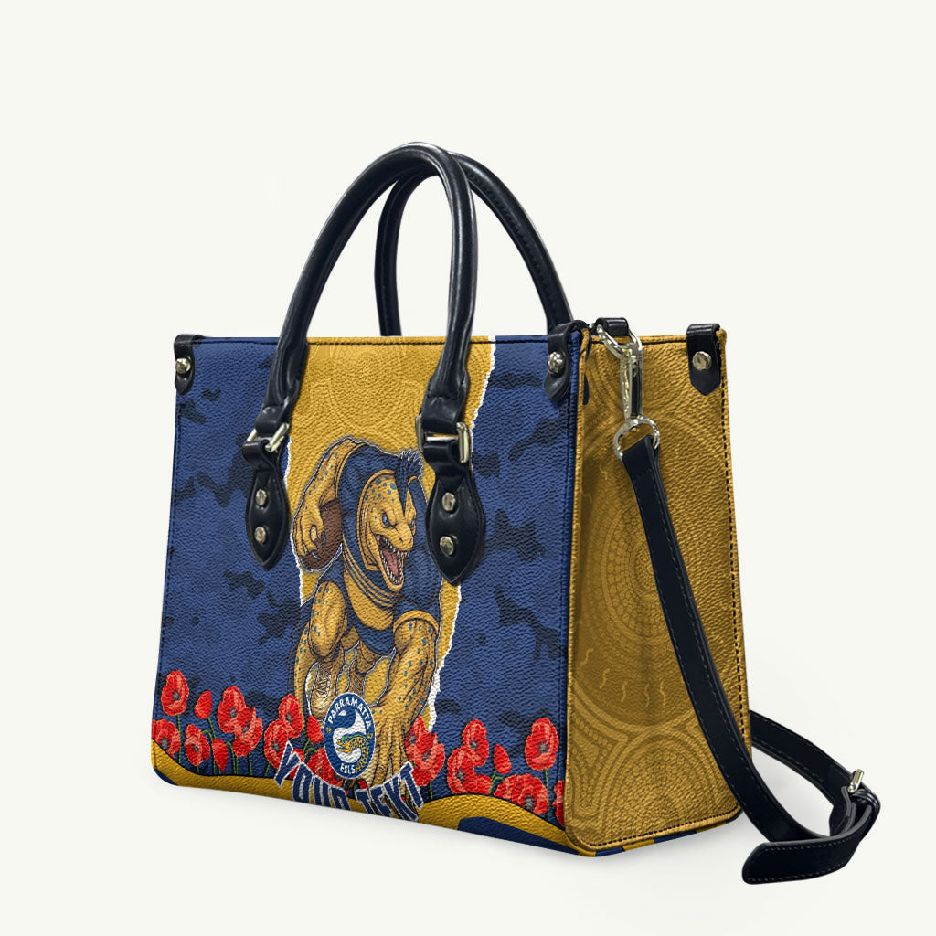 Personalized Parramatta Eels ANZAC Tribute Leather Bag Poppy Field Soldier Silhouette Aboriginal Rugby Mascot