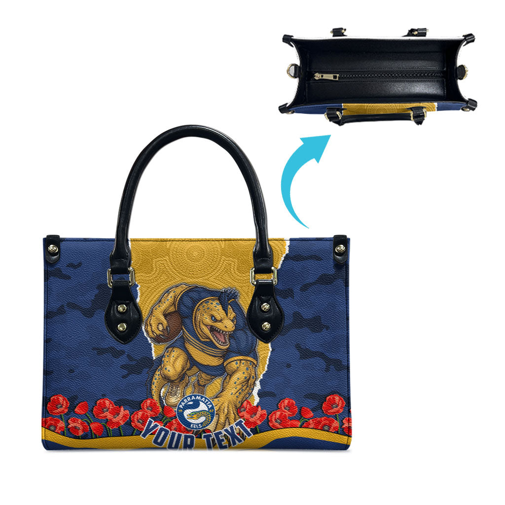 Personalized Parramatta Eels ANZAC Tribute Leather Bag Poppy Field Soldier Silhouette Aboriginal Rugby Mascot
