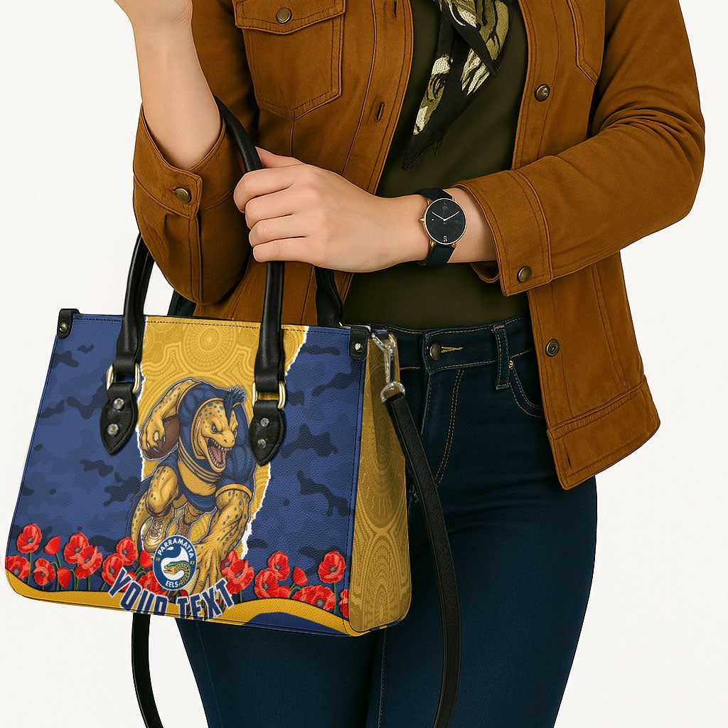 Personalized Parramatta Eels ANZAC Tribute Leather Bag Poppy Field Soldier Silhouette Aboriginal Rugby Mascot