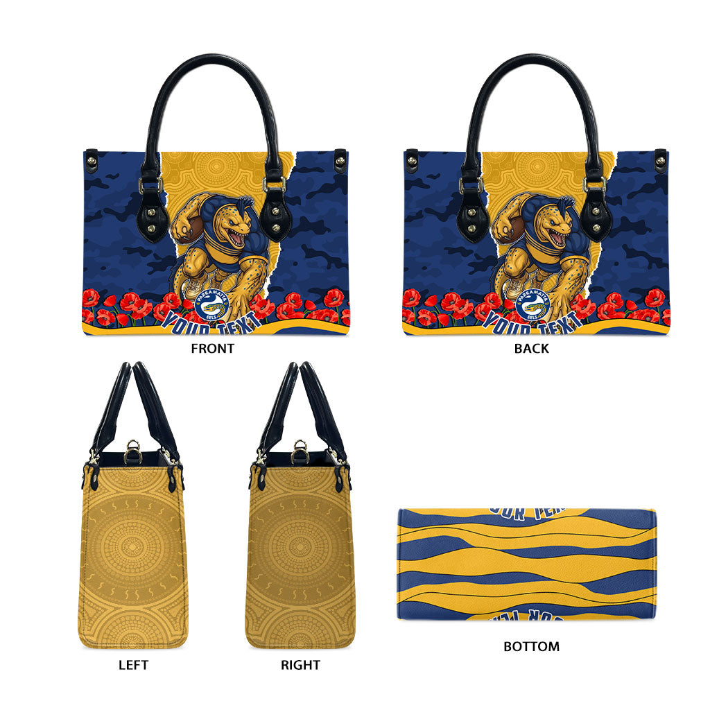 Personalized Parramatta Eels ANZAC Tribute Leather Bag Poppy Field Soldier Silhouette Aboriginal Rugby Mascot