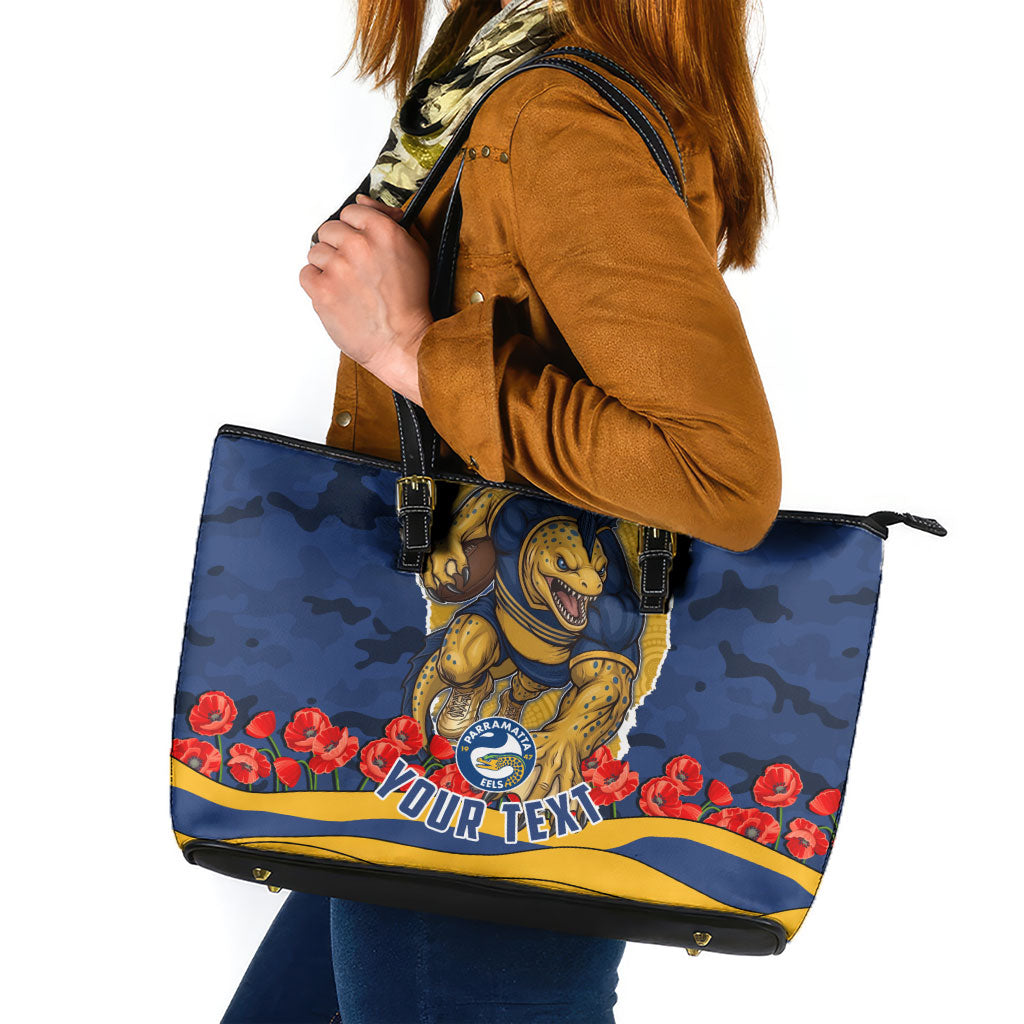 Personalized Parramatta Eels ANZAC Tribute Leather Tote Bag Poppy Field Soldier Silhouette Aboriginal Rugby Mascot