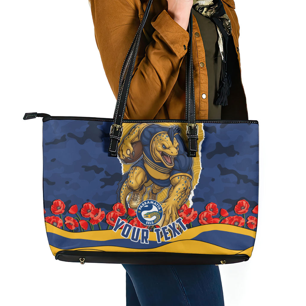Personalized Parramatta Eels ANZAC Tribute Leather Tote Bag Poppy Field Soldier Silhouette Aboriginal Rugby Mascot