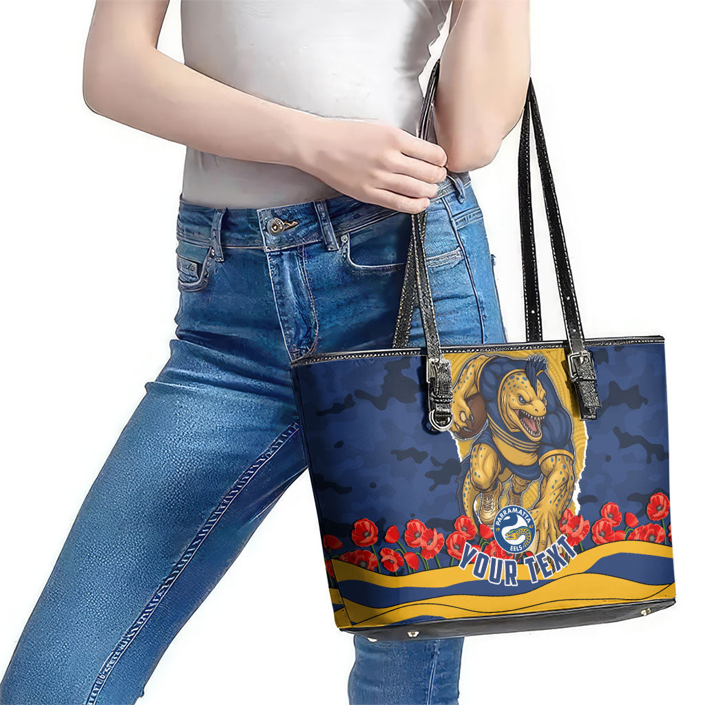 Personalized Parramatta Eels ANZAC Tribute Leather Tote Bag Poppy Field Soldier Silhouette Aboriginal Rugby Mascot