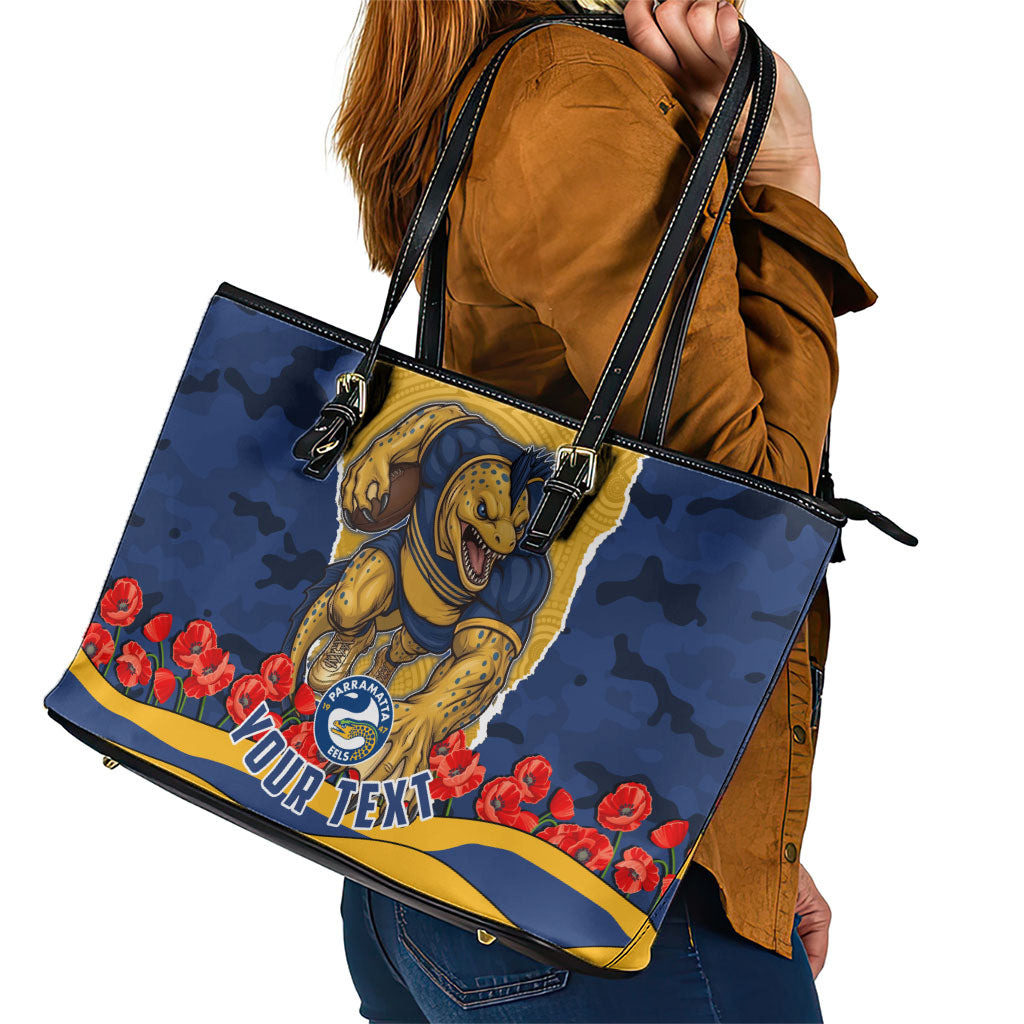 Personalized Parramatta Eels ANZAC Tribute Leather Tote Bag Poppy Field Soldier Silhouette Aboriginal Rugby Mascot