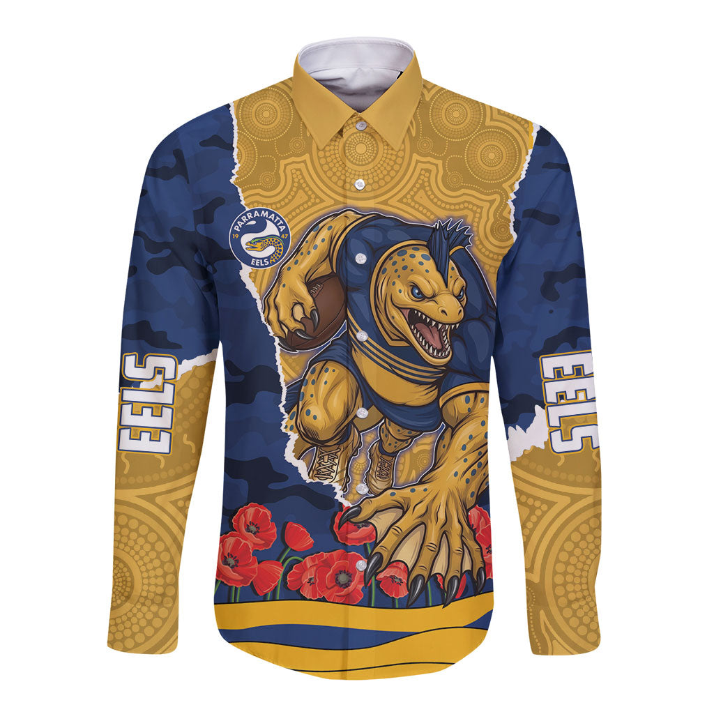 Personalized Parramatta Eels ANZAC Tribute Long Sleeve Button Shirt Poppy Field Soldier Silhouette Aboriginal Rugby Mascot