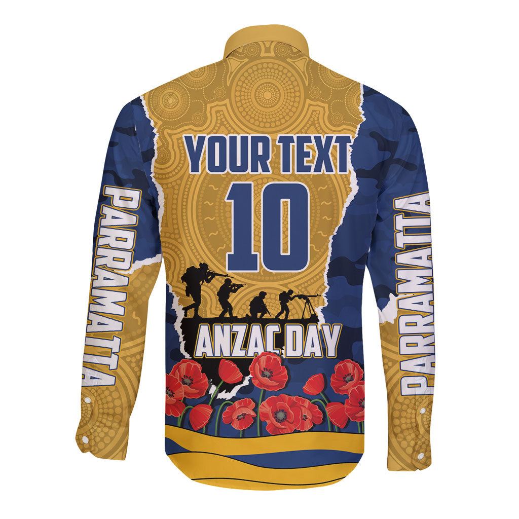 Personalized Parramatta Eels ANZAC Tribute Long Sleeve Button Shirt Poppy Field Soldier Silhouette Aboriginal Rugby Mascot