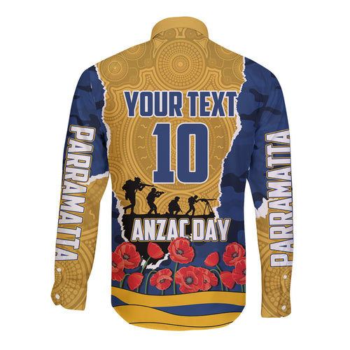 Personalized Parramatta Eels ANZAC Tribute Long Sleeve Button Shirt Poppy Field Soldier Silhouette Aboriginal Rugby Mascot