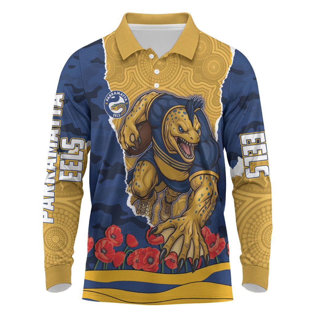 Personalized Parramatta Eels ANZAC Tribute Long Sleeve Polo Shirt Poppy Field Soldier Silhouette Aboriginal Rugby Mascot