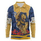 Personalized Parramatta Eels ANZAC Tribute Long Sleeve Polo Shirt Poppy Field Soldier Silhouette Aboriginal Rugby Mascot