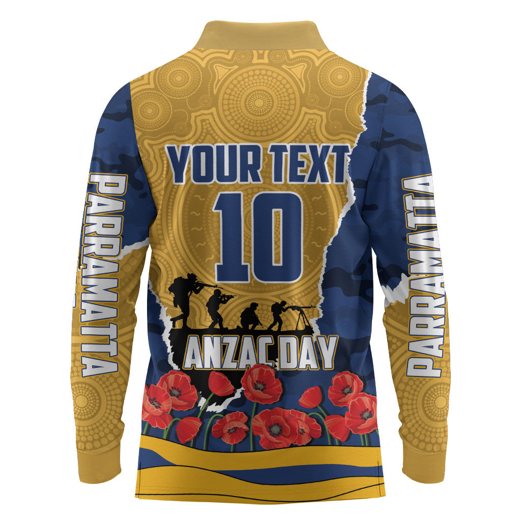 Personalized Parramatta Eels ANZAC Tribute Long Sleeve Polo Shirt Poppy Field Soldier Silhouette Aboriginal Rugby Mascot