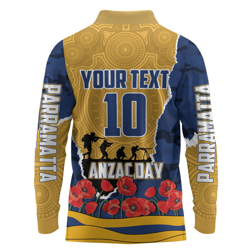 Personalized Parramatta Eels ANZAC Tribute Long Sleeve Polo Shirt Poppy Field Soldier Silhouette Aboriginal Rugby Mascot