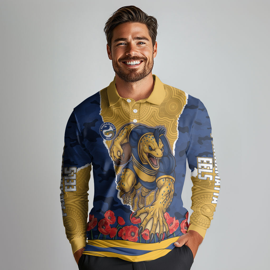 Personalized Parramatta Eels ANZAC Tribute Long Sleeve Polo Shirt Poppy Field Soldier Silhouette Aboriginal Rugby Mascot