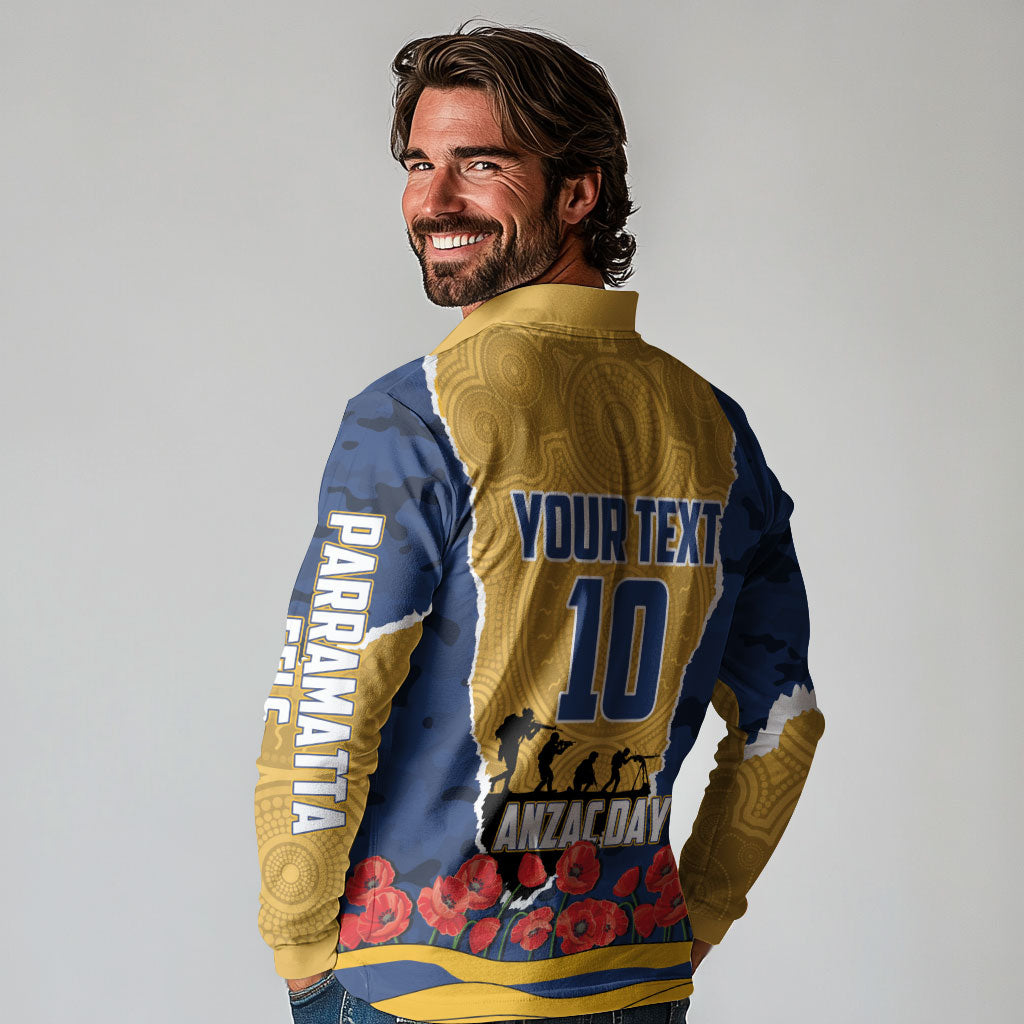 Personalized Parramatta Eels ANZAC Tribute Long Sleeve Polo Shirt Poppy Field Soldier Silhouette Aboriginal Rugby Mascot