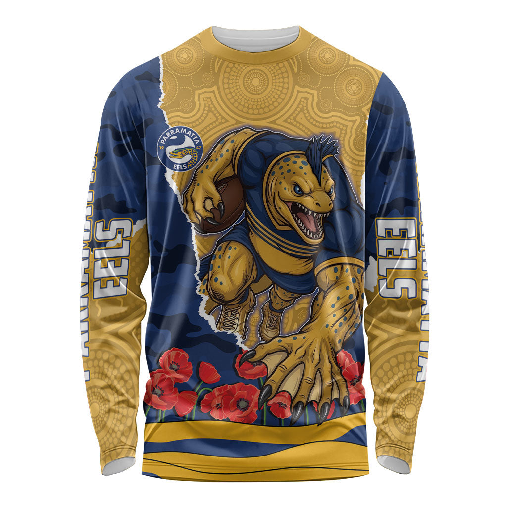 Personalized Parramatta Eels ANZAC Tribute Long Sleeve Shirt Poppy Field Soldier Silhouette Aboriginal Rugby Mascot