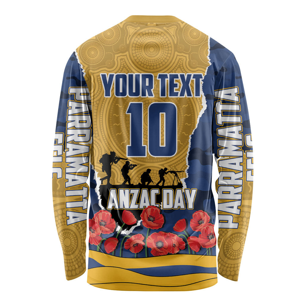 Personalized Parramatta Eels ANZAC Tribute Long Sleeve Shirt Poppy Field Soldier Silhouette Aboriginal Rugby Mascot